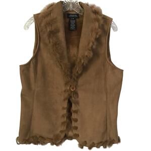 Jones New York Vest Size Medium Womens Faux Suede Rabbit Fur Trim Carmel Color
